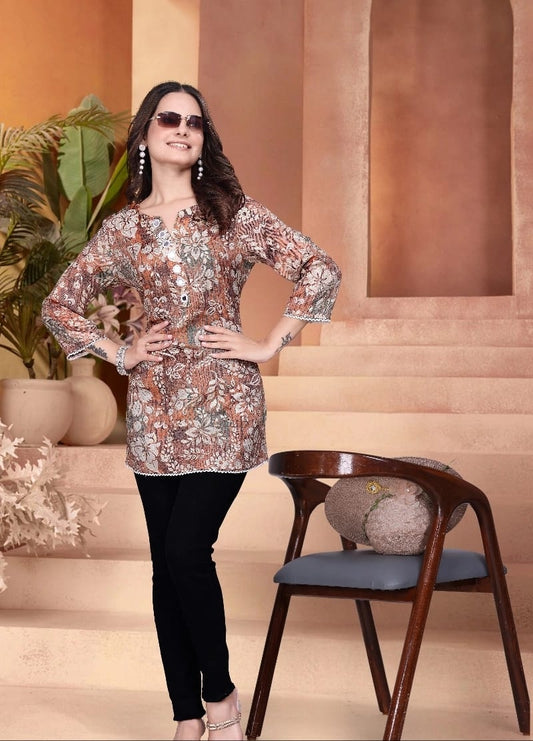 Printed Tunic Top with Lace Trim